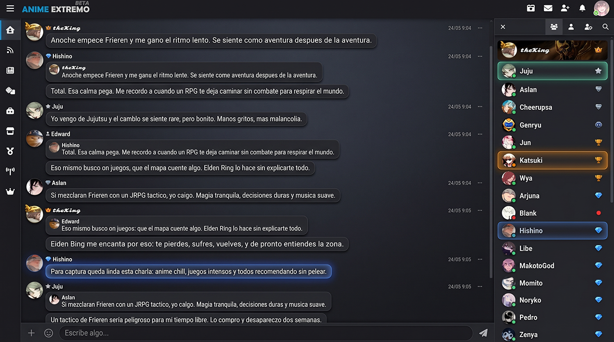Interfaz de chat anime en español con perfiles, salas activas y conversación otaku