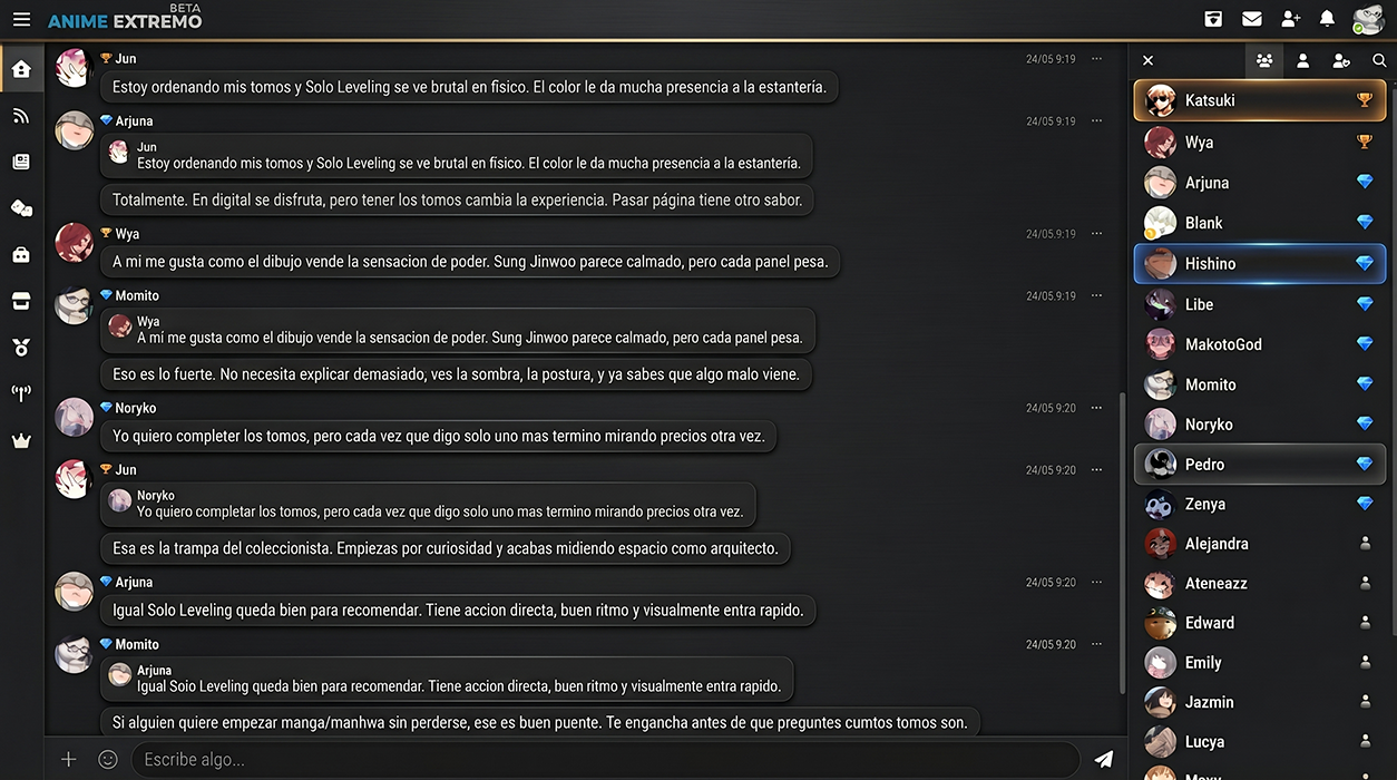 Interfaz de chat anime con perfiles, mensajes y comunidad en tiempo real