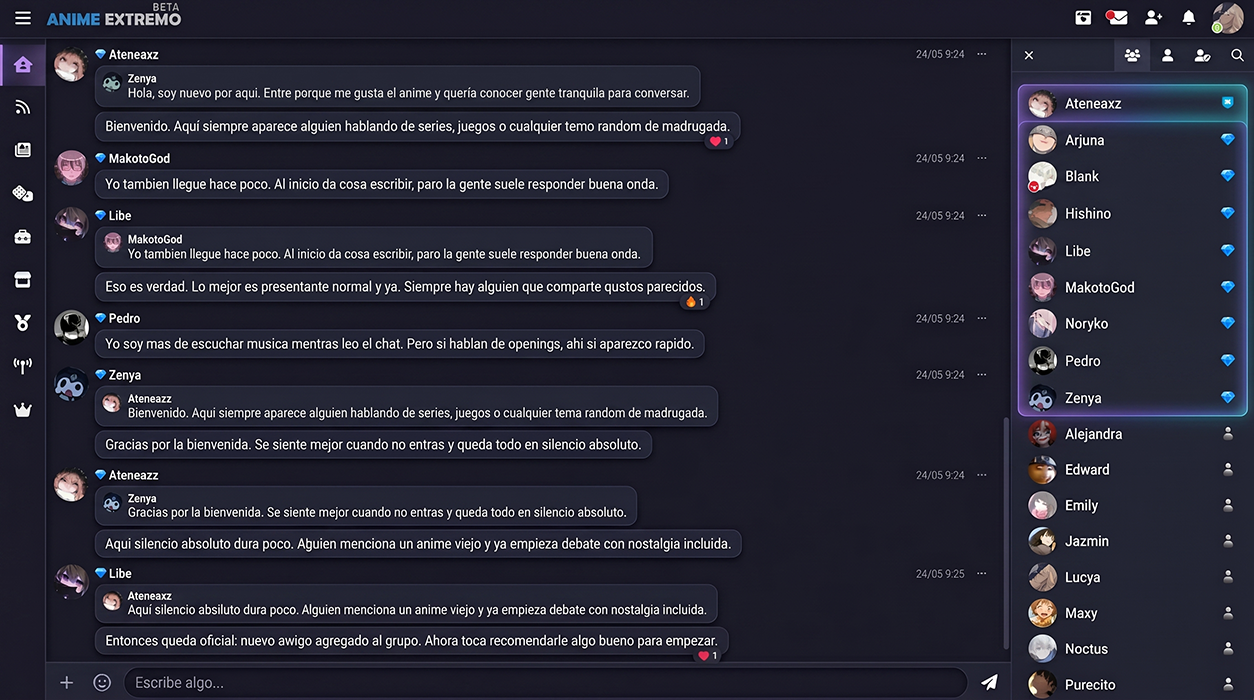 Interfaz social anime con perfiles, publicaciones de fandom y chat integrado